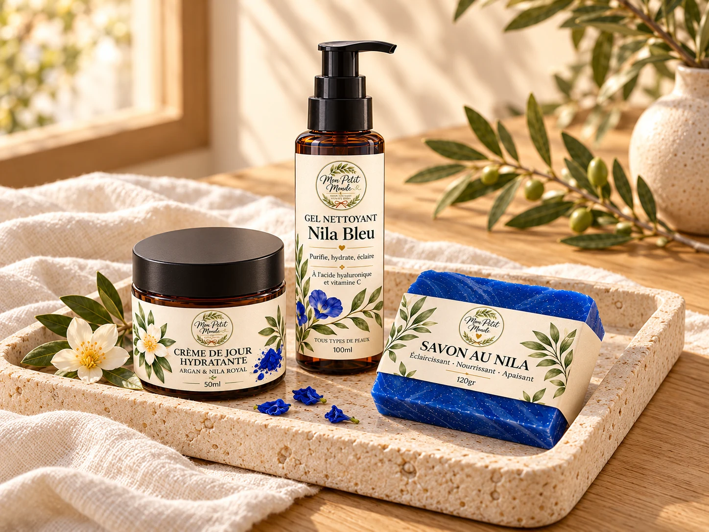 Les soins Mon Petit Monde : crème de jour, gel nettoyant Nila Bleu et savon au Nila, présentés sur un plateau en pierre